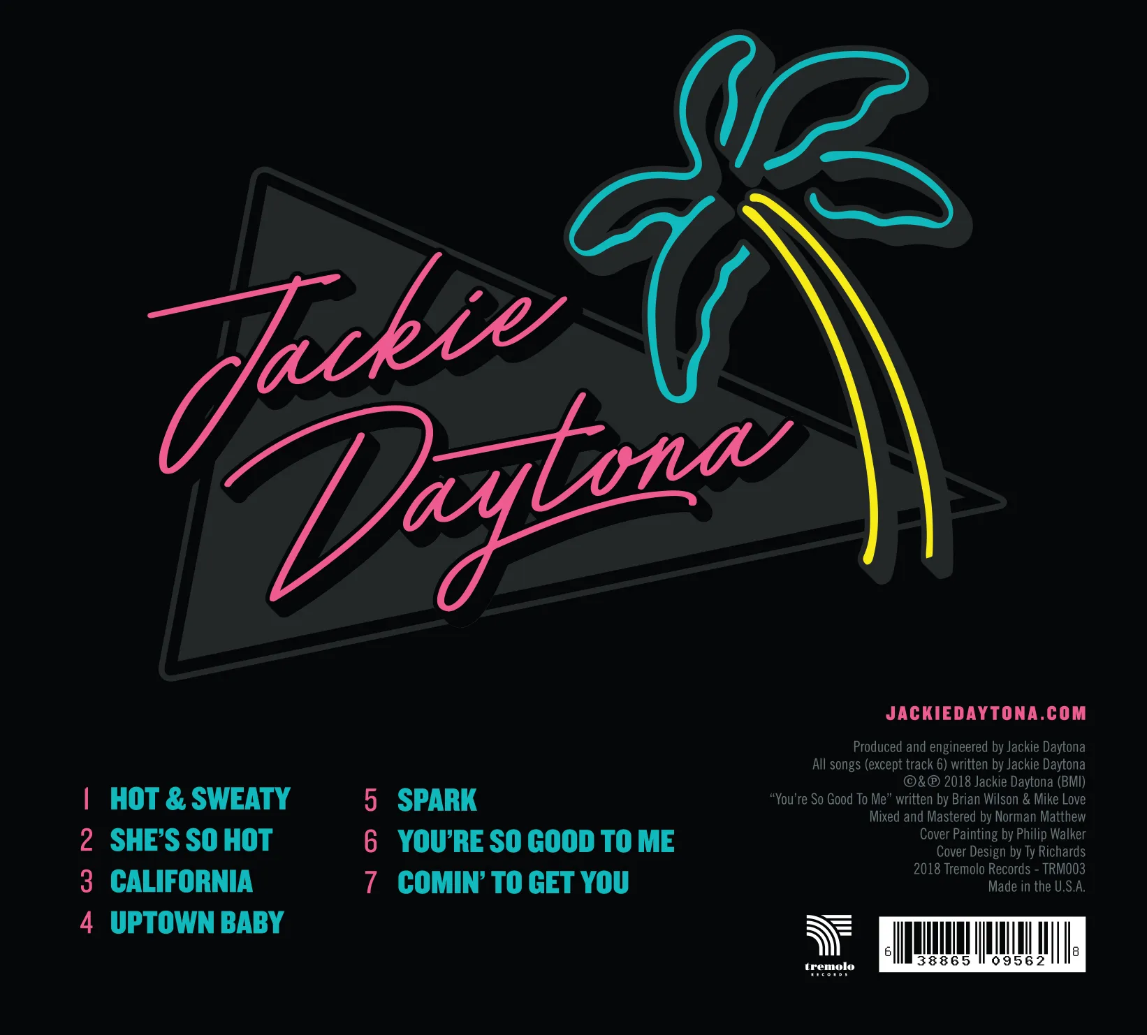 Back cover with the neon palm logo and tracklist