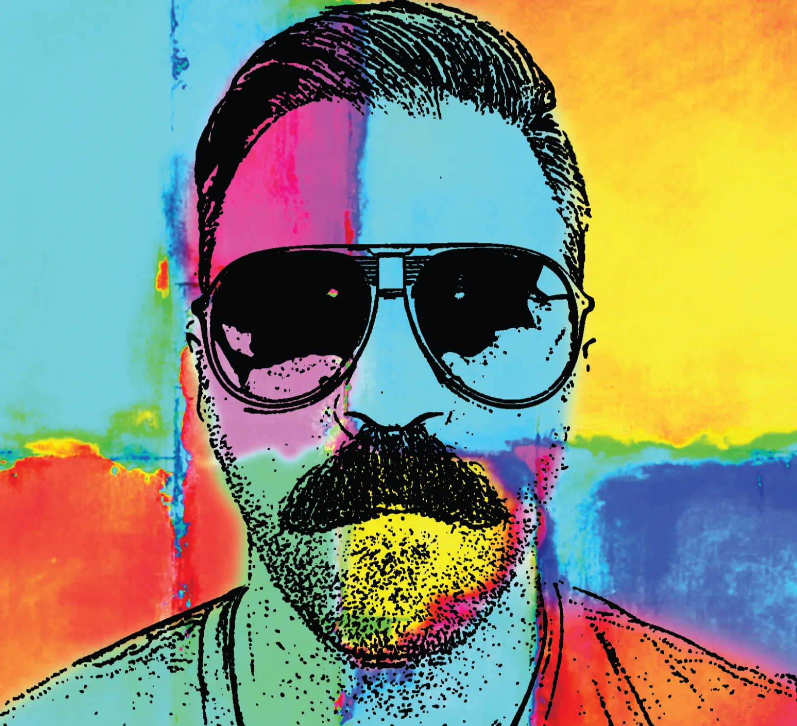 Pop-art portrait of Jackie Daytona in aviator sunglasses
