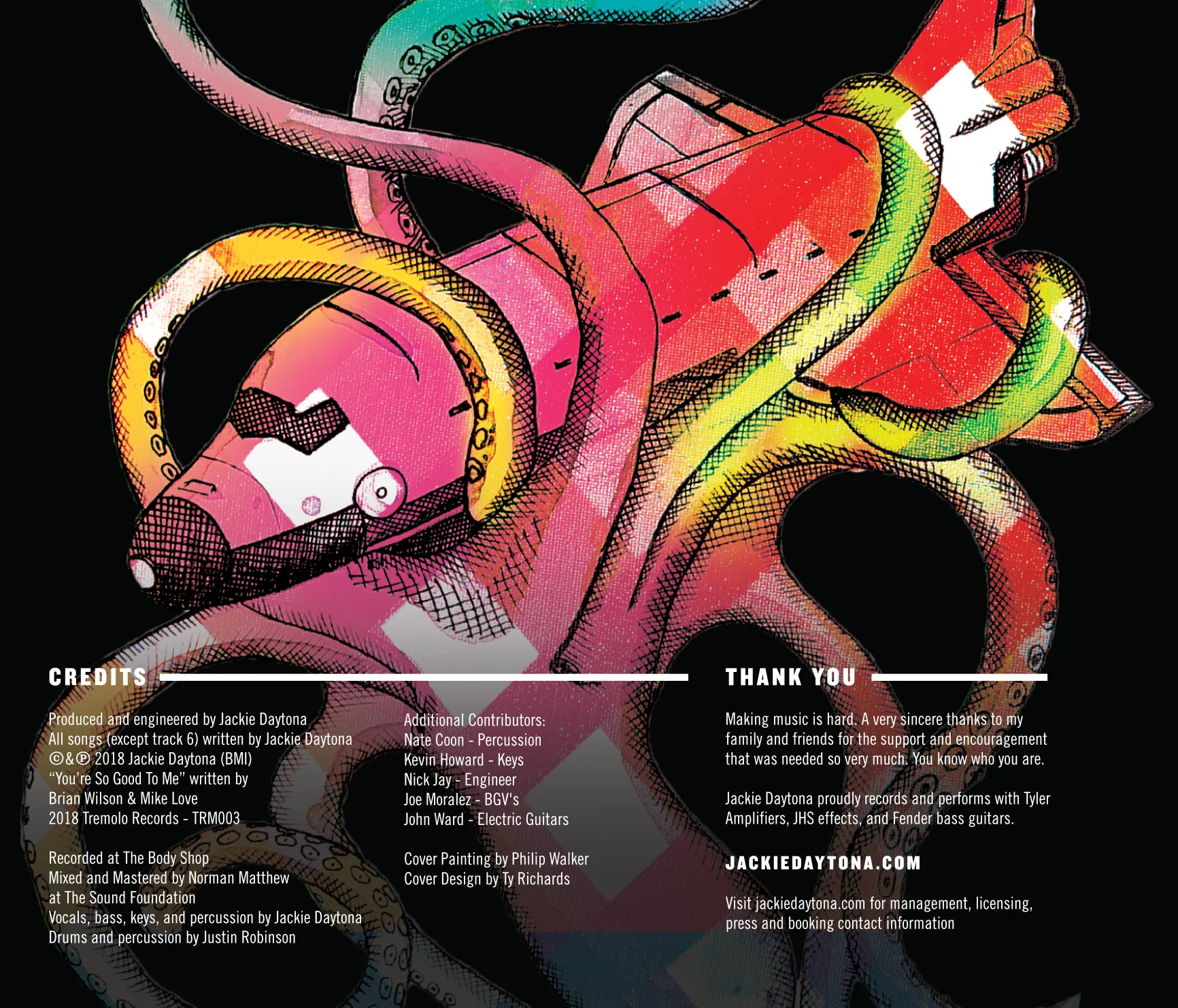 Liner notes with credits over an octopus wrapped around a space shuttle